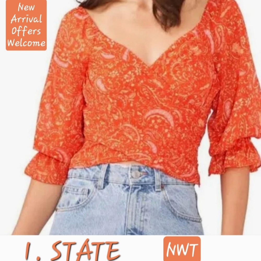 🔥🔥 HOT DEAL Orange  Crop Top Ruched Sleeves side Zip Closure. NWT Size - Picture 4 of 14